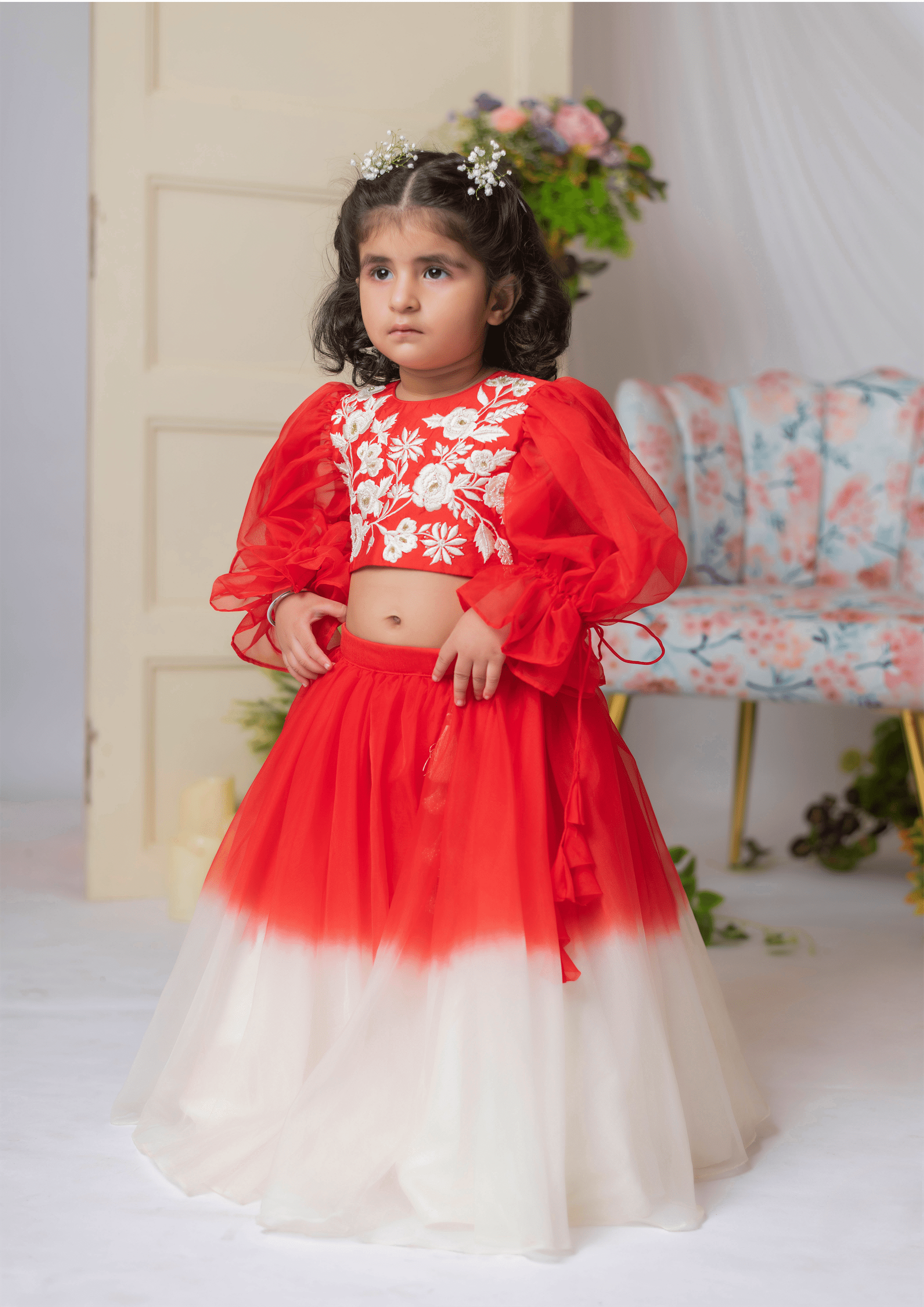 Red And White Embroidered Blouse With Ghaghra And Dupatta
