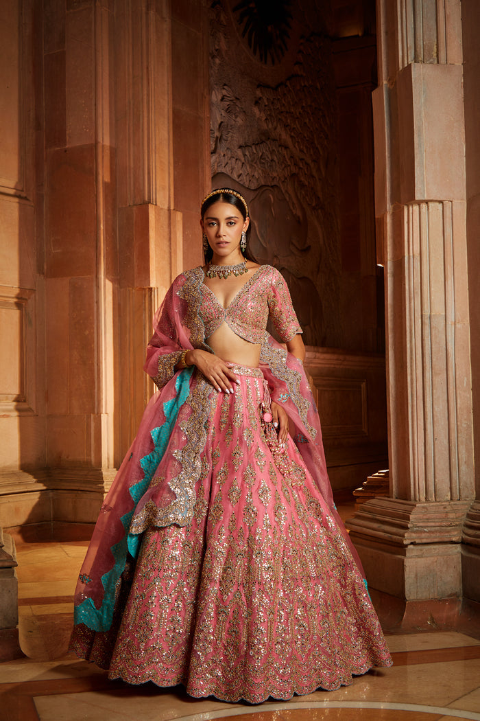 Rose Pink Organza Lehenga Choli Dupatta Set