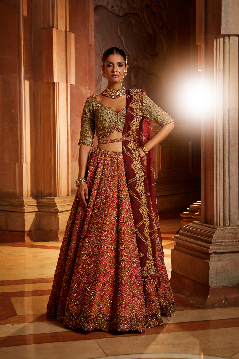 Rust Tafetta Lehenga with Olive Choli, Maroon Tissue Dupatta and Belt