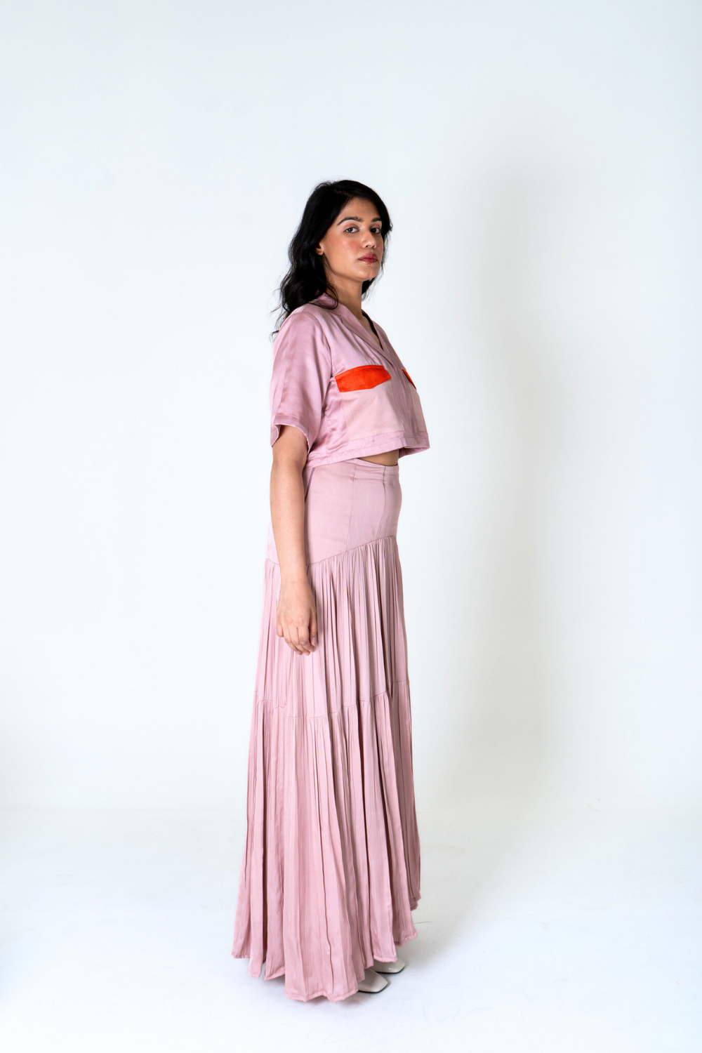 Pink-Orange Color-Blocked Maxi Skirt Set