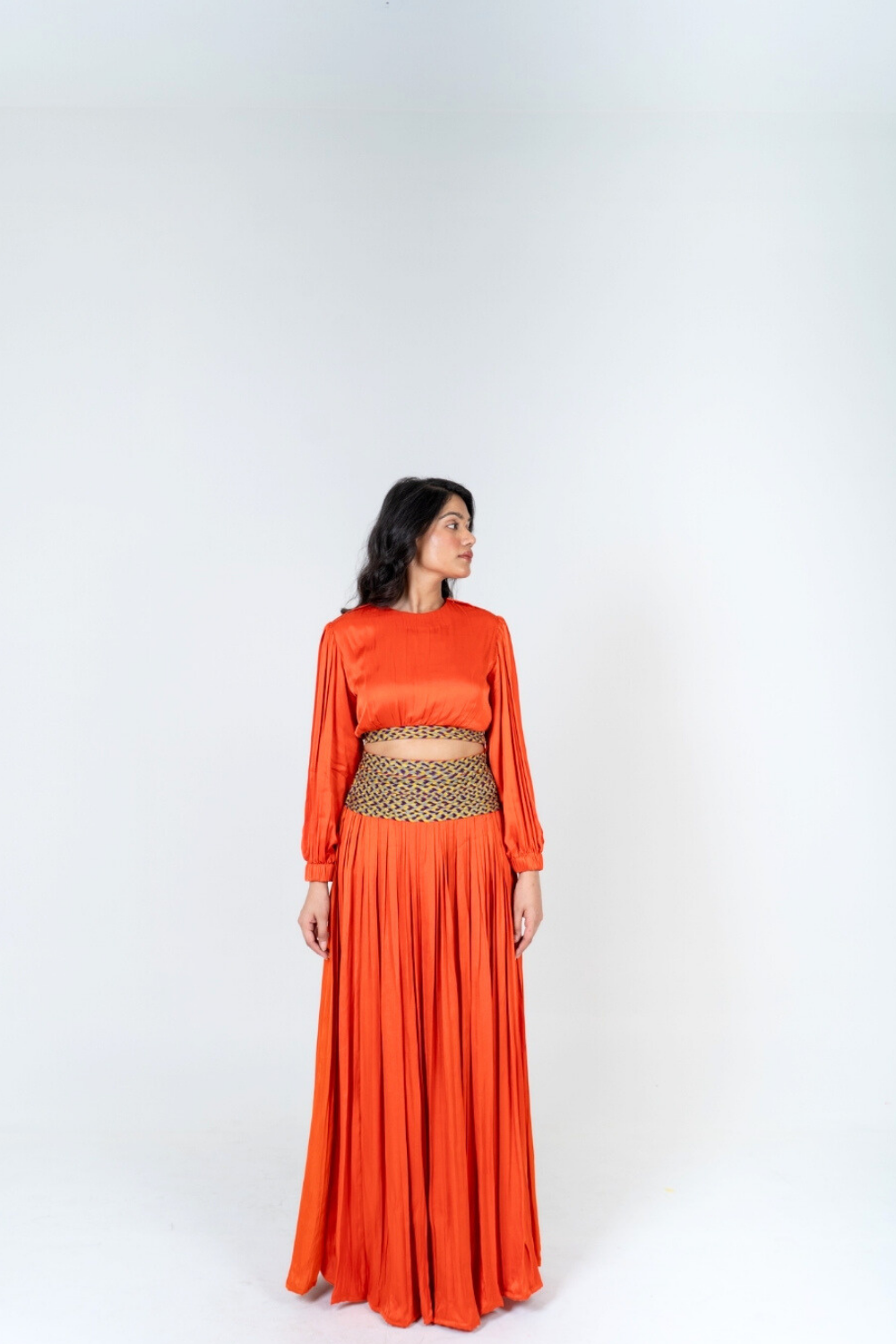 Orange Skirt Set with Color-Blocked Braids