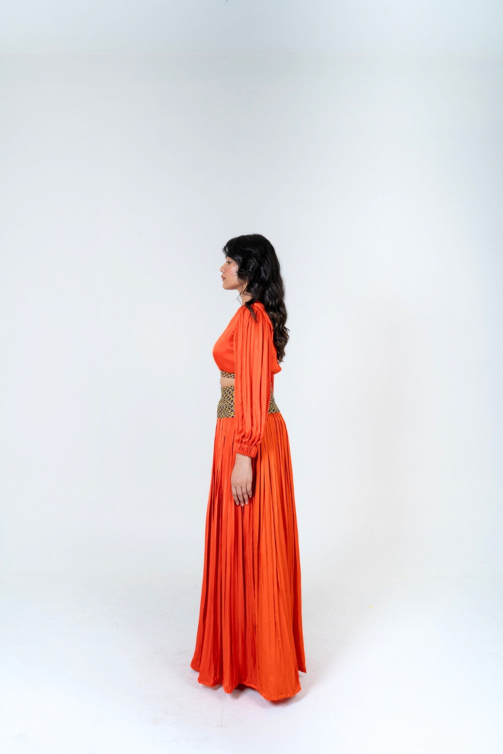 Orange Skirt Set with Color-Blocked Braids