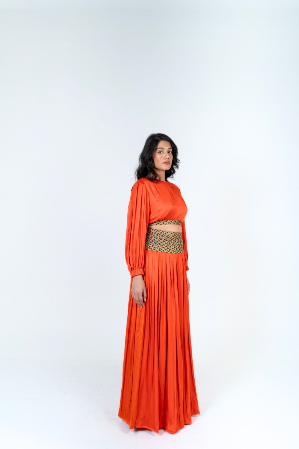 Orange Skirt Set with Color-Blocked Braids