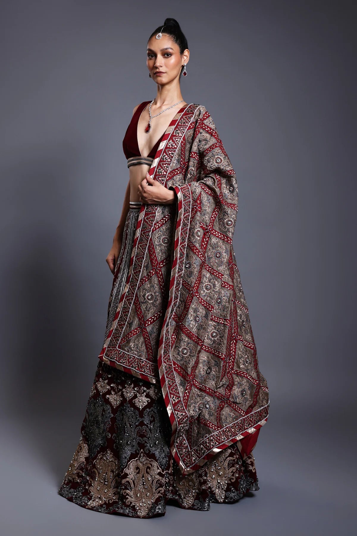 CF applique lehenga maroon