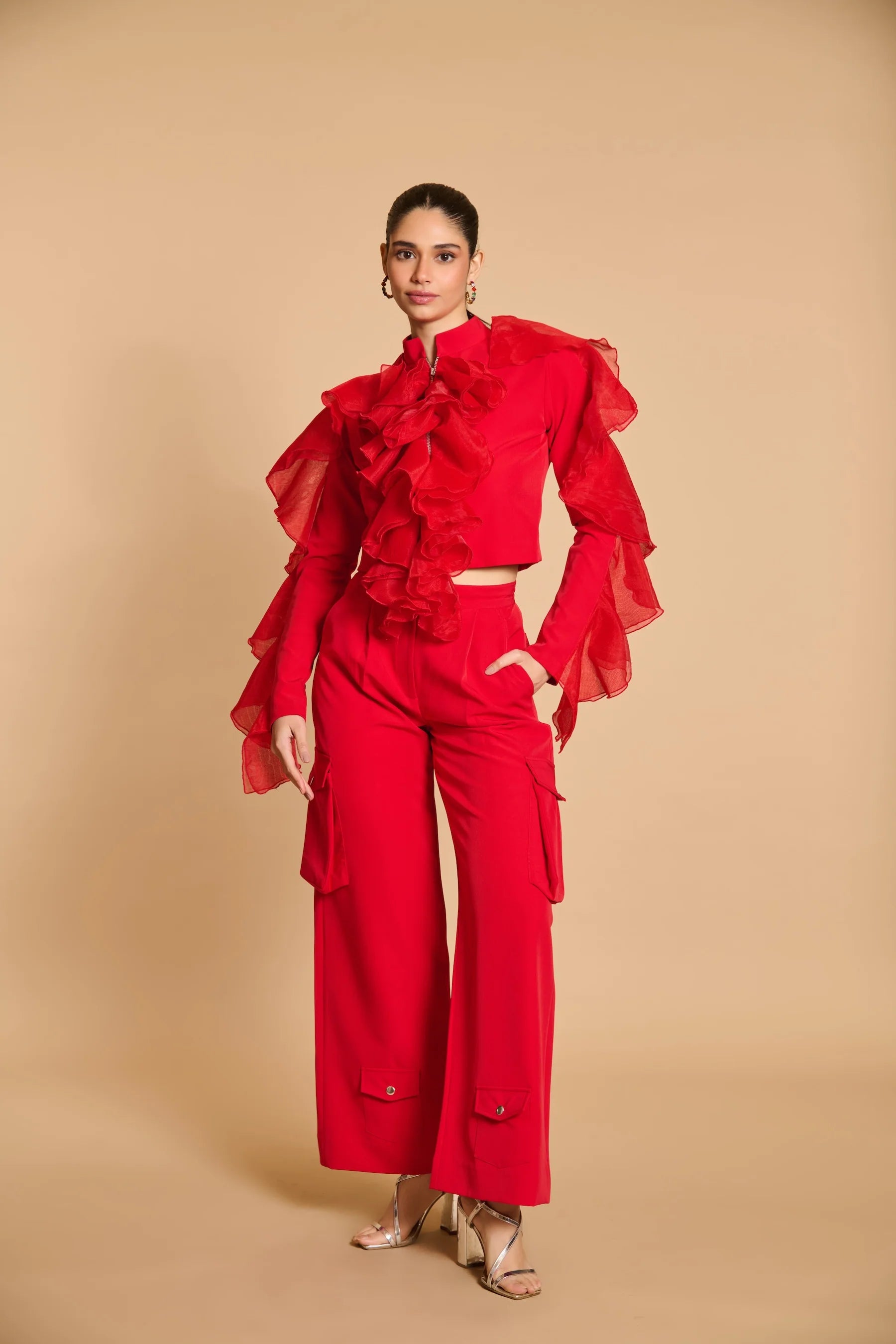 Spectrum crop ruffle jacket red