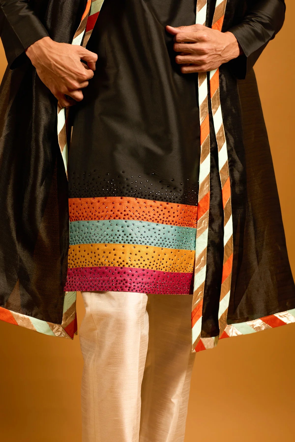 Trifecta black strip crystal kurta