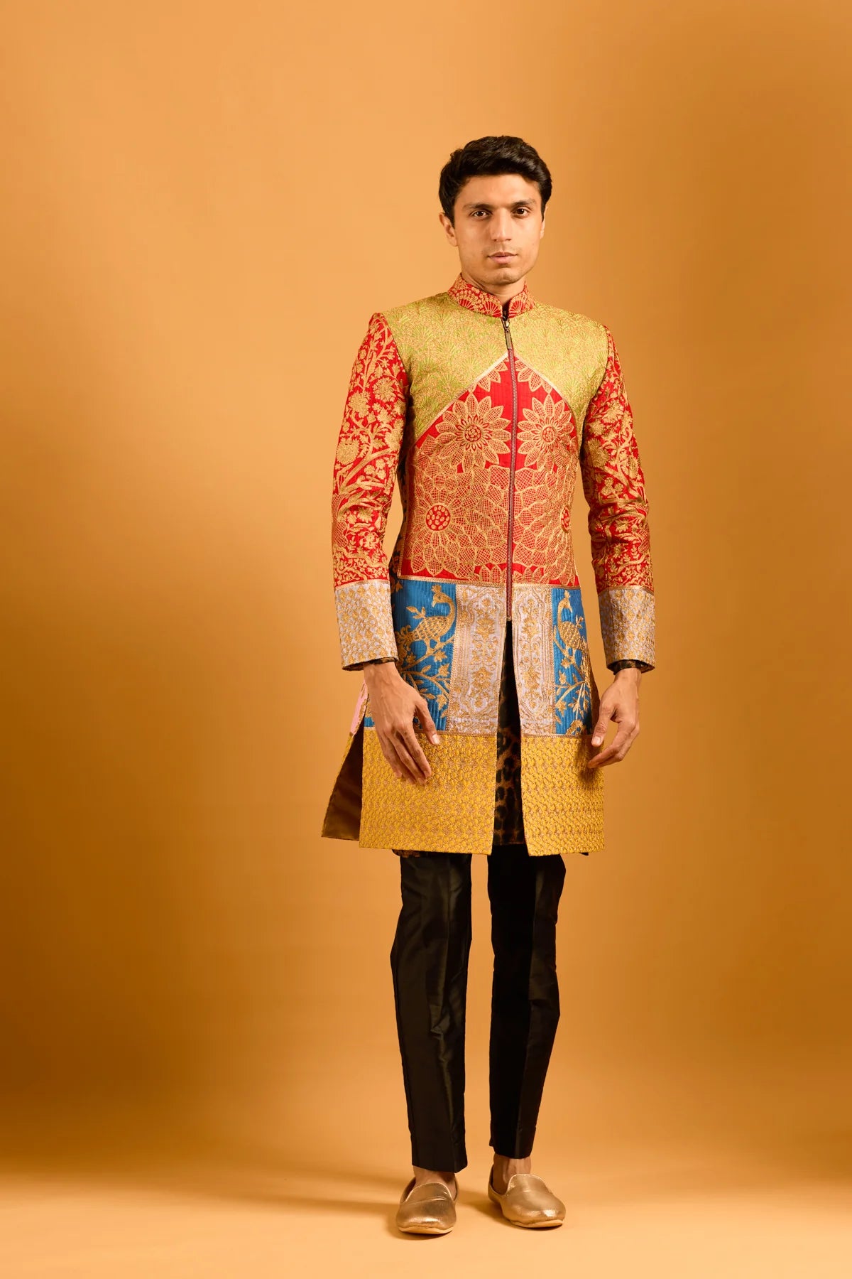 Trifecta multicolor paneled zari sherwani