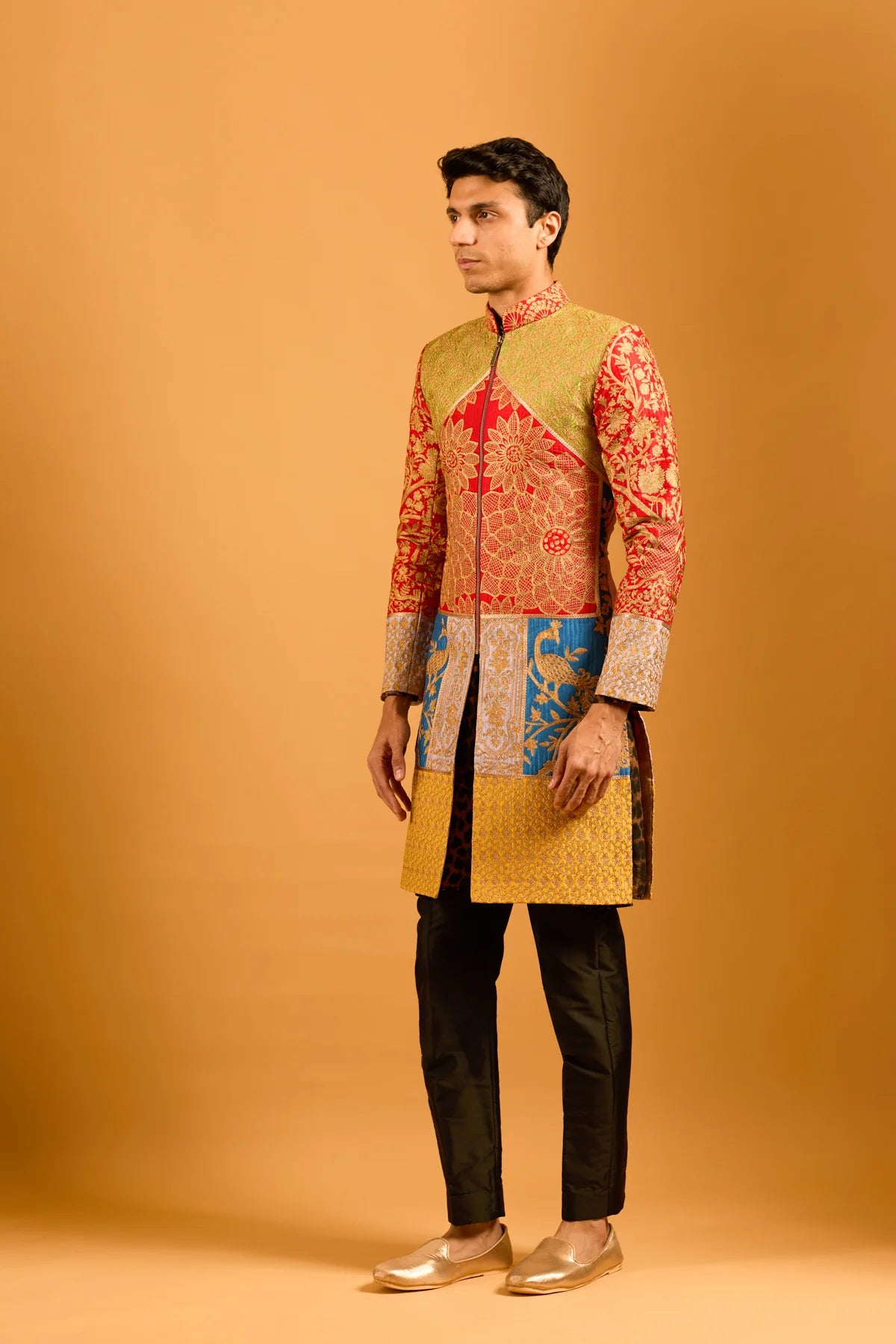 Trifecta multicolor paneled zari sherwani