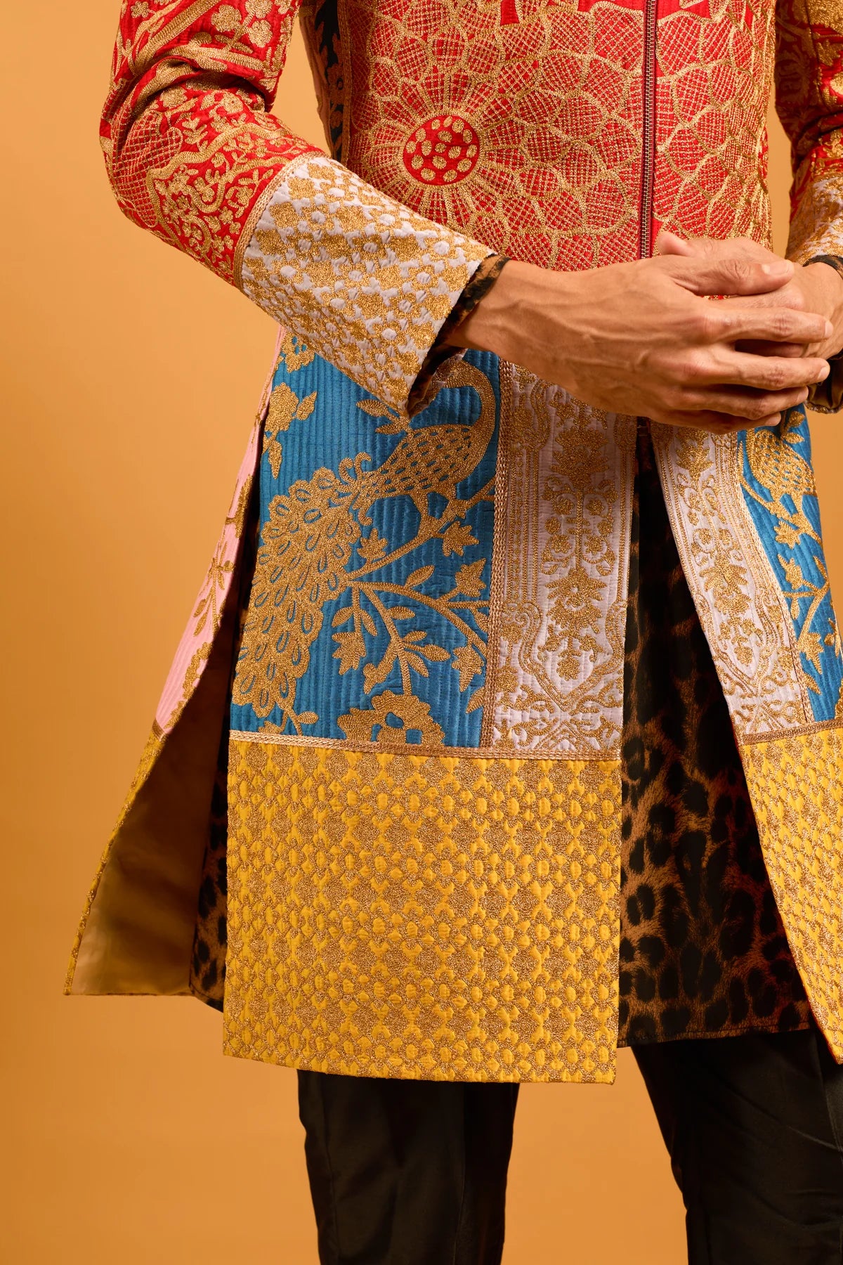 Trifecta multicolor paneled zari sherwani