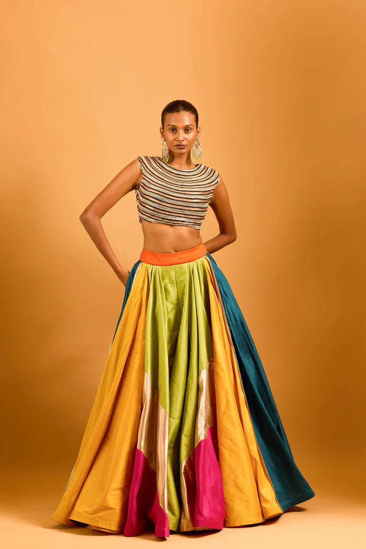 Trifecta multicolor asymmetric skirt with strip work top