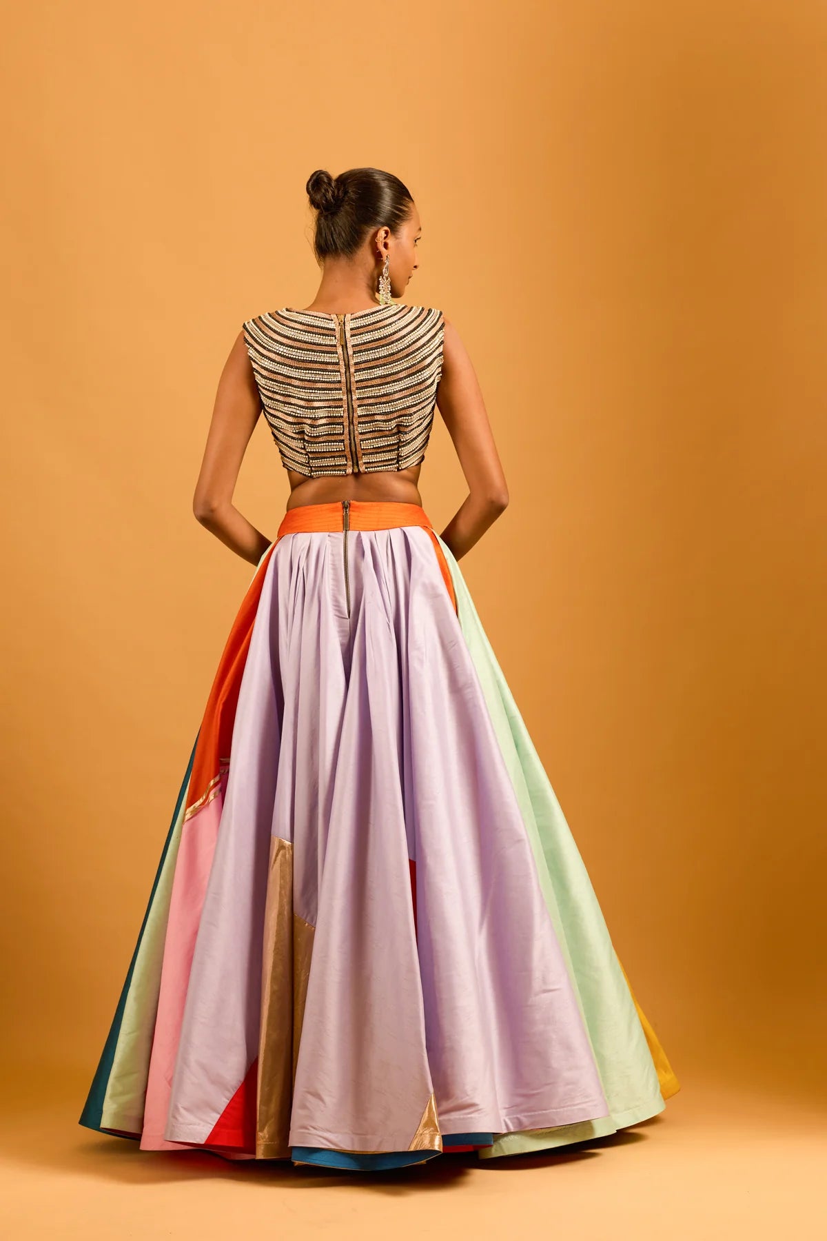 Trifecta multicolor asymmetric skirt with strip work top