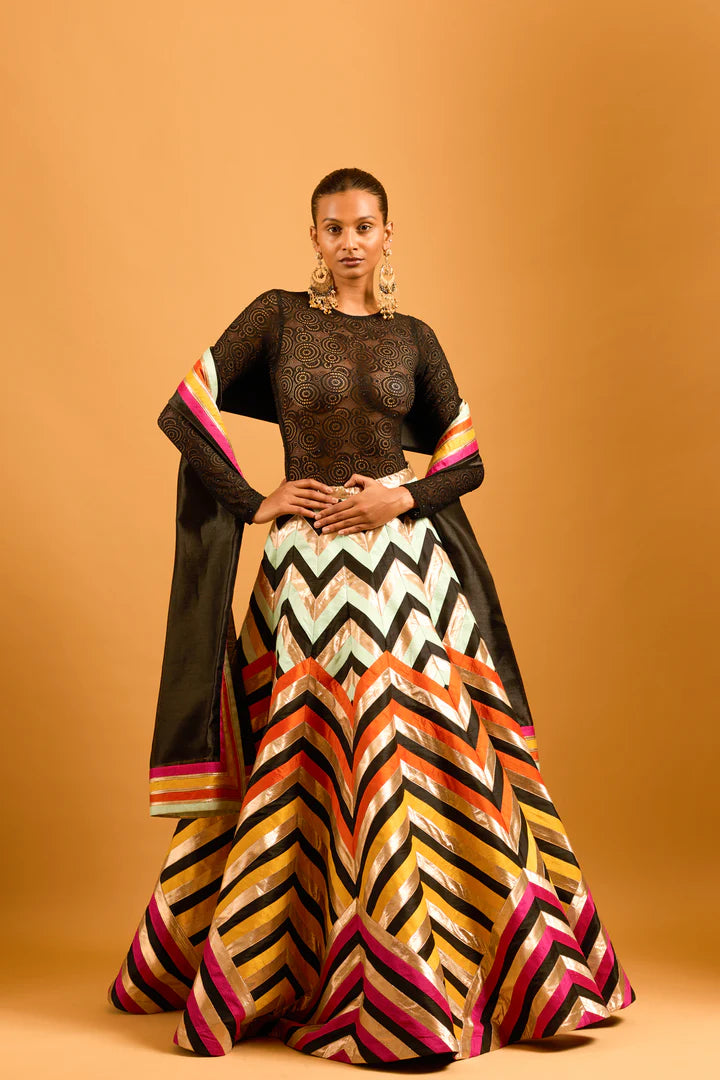 Trifecta black multicolor chevron lehenga