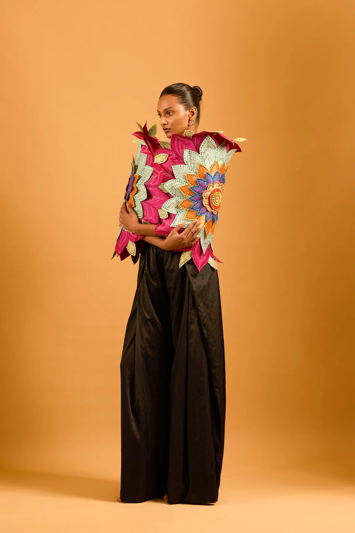 Trifecta black pleated pants with flower cape