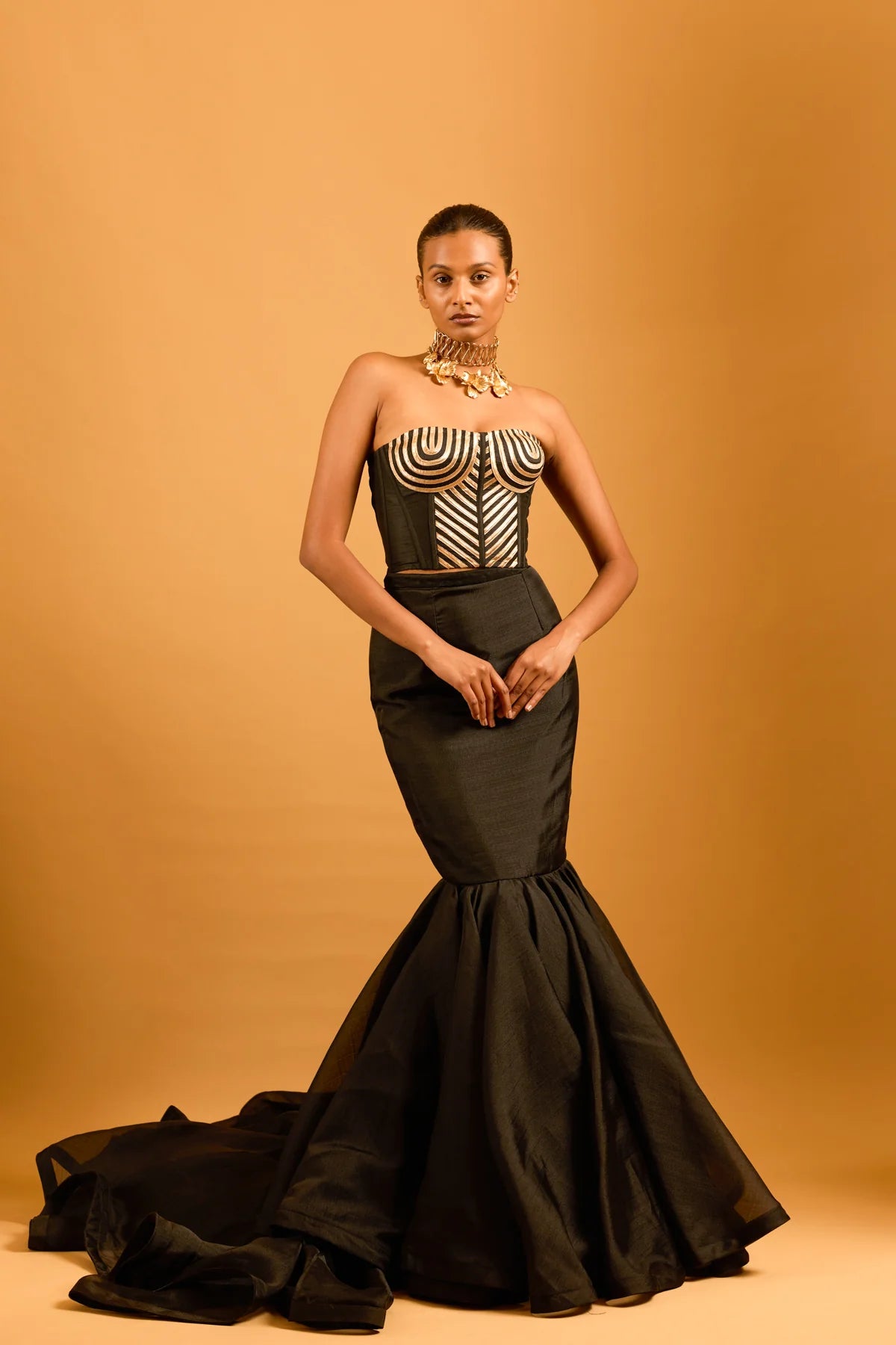 Trifecta black strip work corset