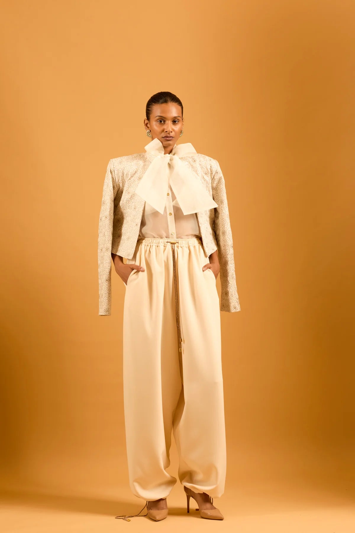 Trifecta ivory sheer pussy bow shirt