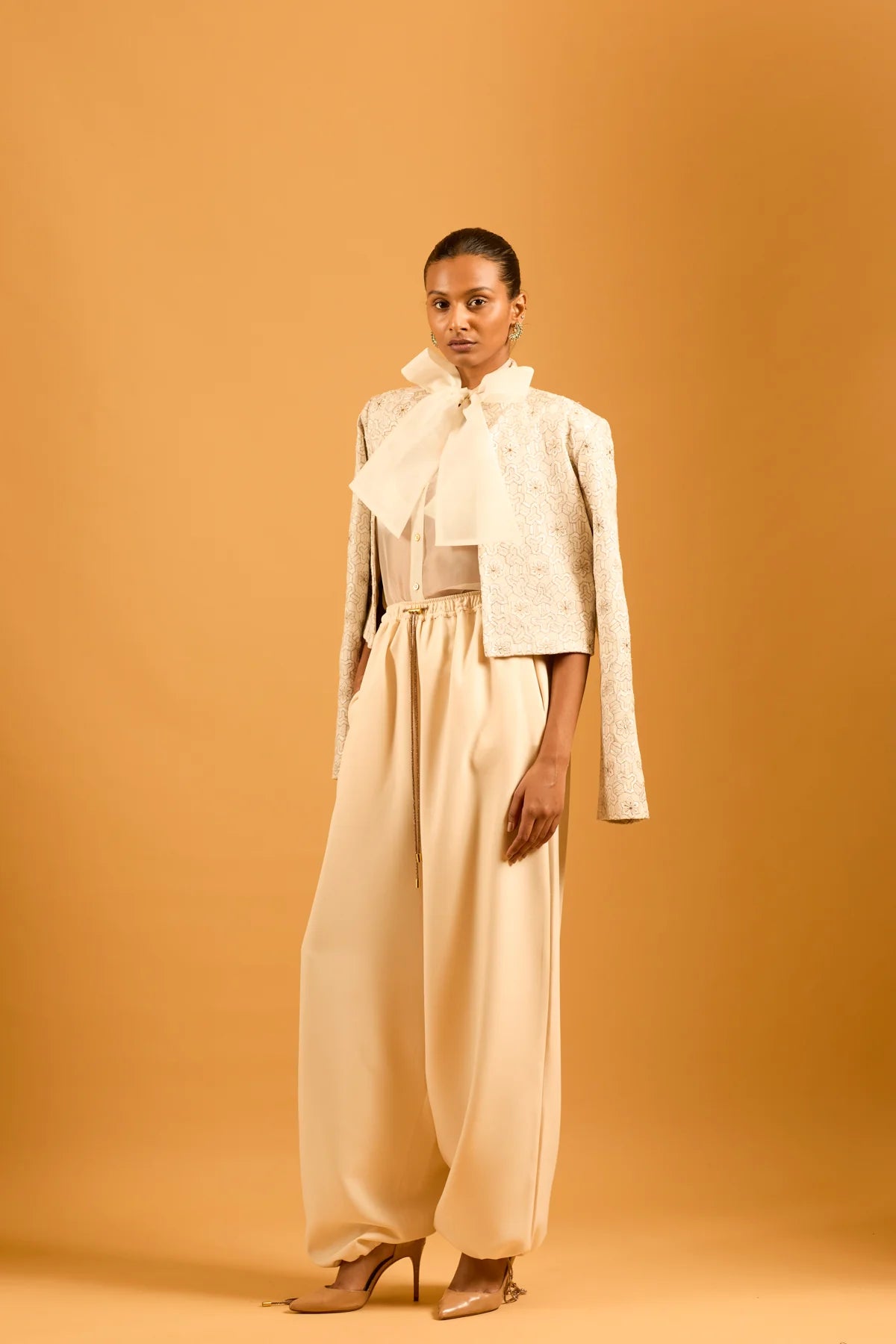 Trifecta ivory sheer pussy bow shirt