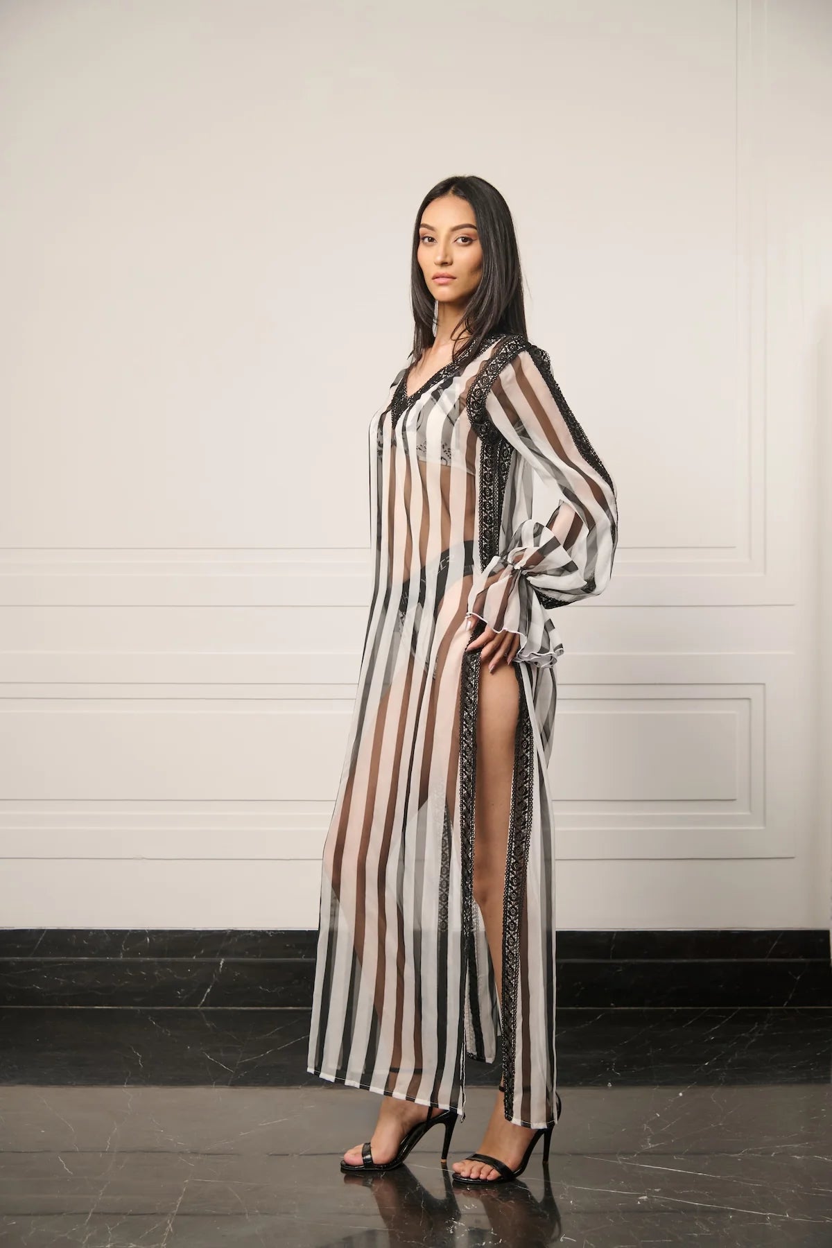 Resort striped sheer kaftan dress