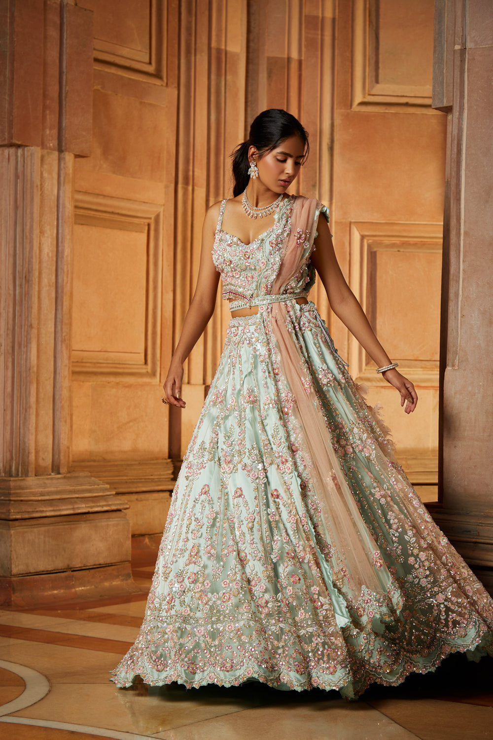 Soft Sage Green Tulle Lehenga Choli and Belt with a Blush Pink Dupatta