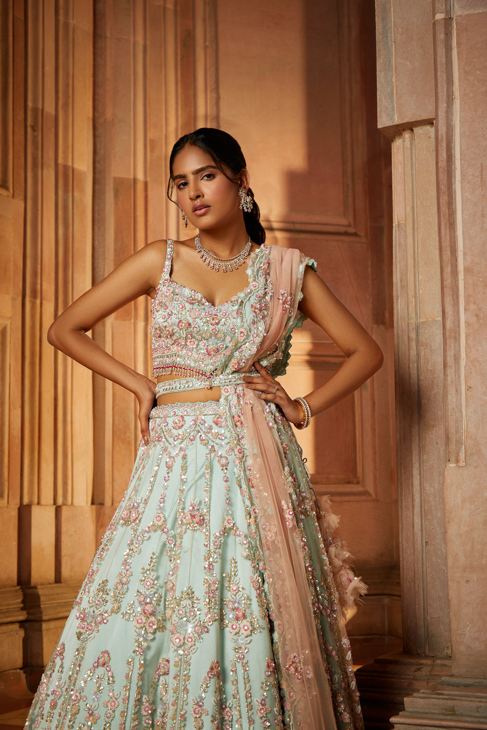 Soft Sage Green Tulle Lehenga Choli and Belt with a Blush Pink Dupatta