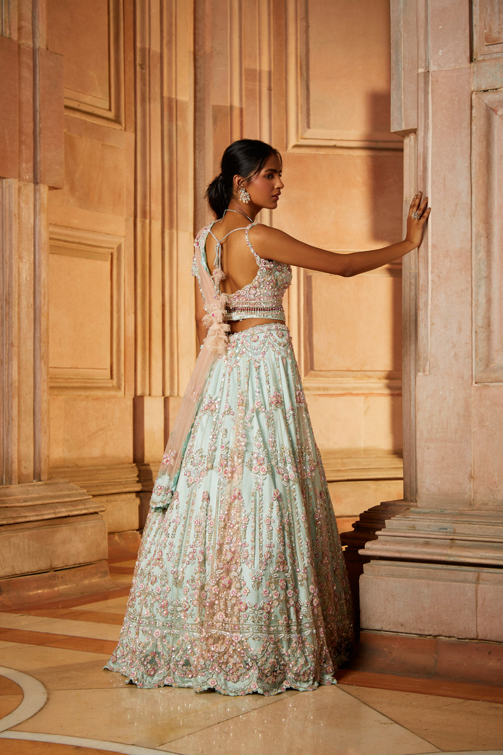 Soft Sage Green Tulle Lehenga Choli and Belt with a Blush Pink Dupatta