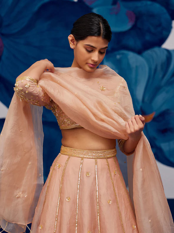Starflower Rose Gold Silk Organza Lehenga Set