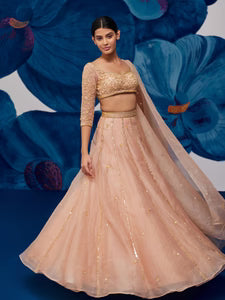 Starflower Rose Gold Silk Organza Lehenga Set