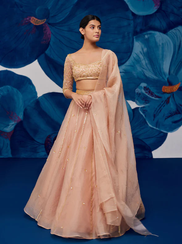 Starflower Rose Gold Silk Organza Lehenga Set