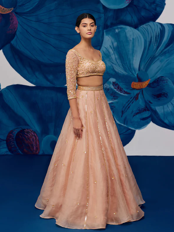 Starflower Rose Gold Silk Organza Lehenga Set