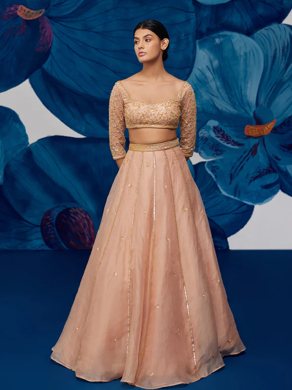 Starflower Rose Gold Silk Organza Lehenga Set