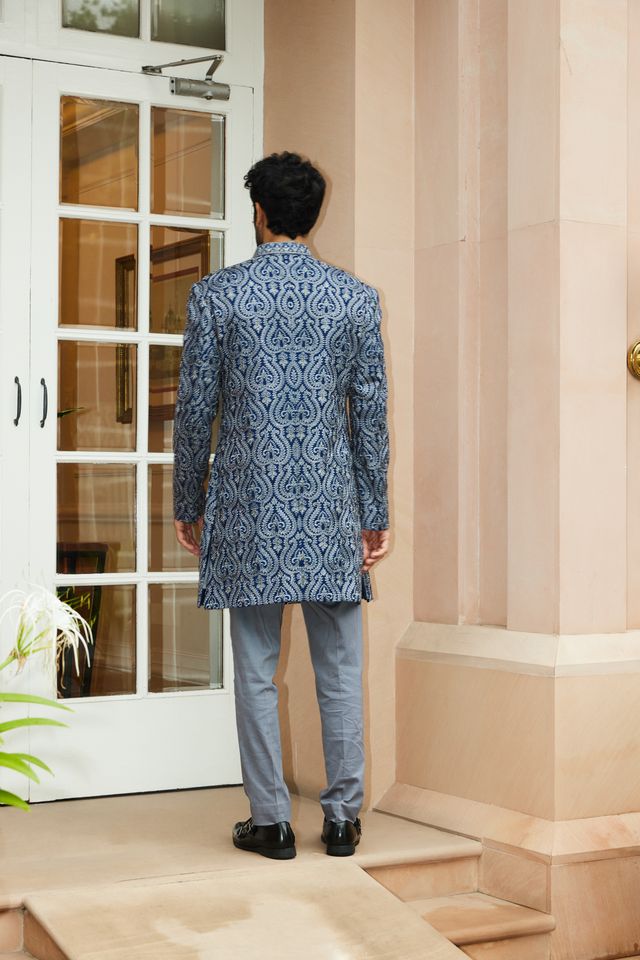 Royal Blue Matka Silk Worked Short Sherwani With Kurta and Trouser