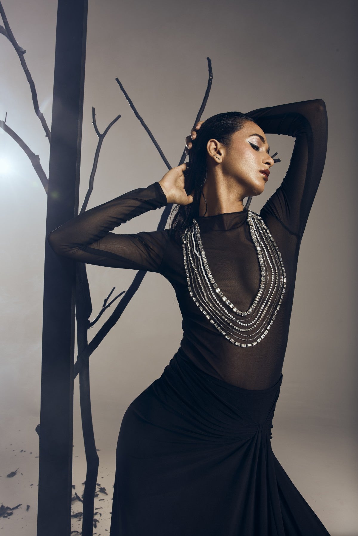 BODYSUIT WITH A LONG DRAPE SKIRT