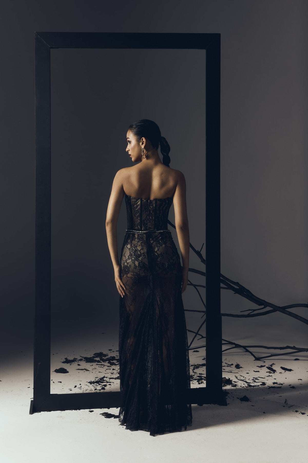BLACK LACE BUSTIER GOWN