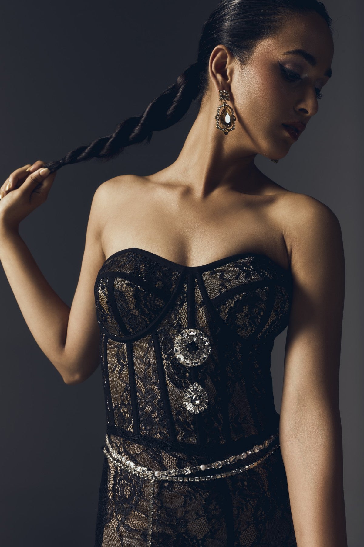 BLACK LACE BUSTIER GOWN