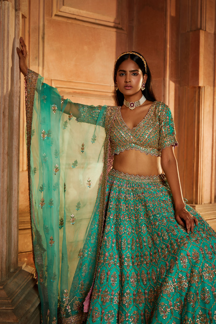 Teal Green Organza Lehenga Choli Dupatta Set
