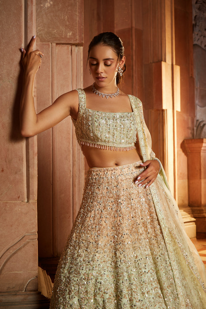 Tripple Colour Shaded Organza Lehenga Choli Dupatta Set with Optional Veil