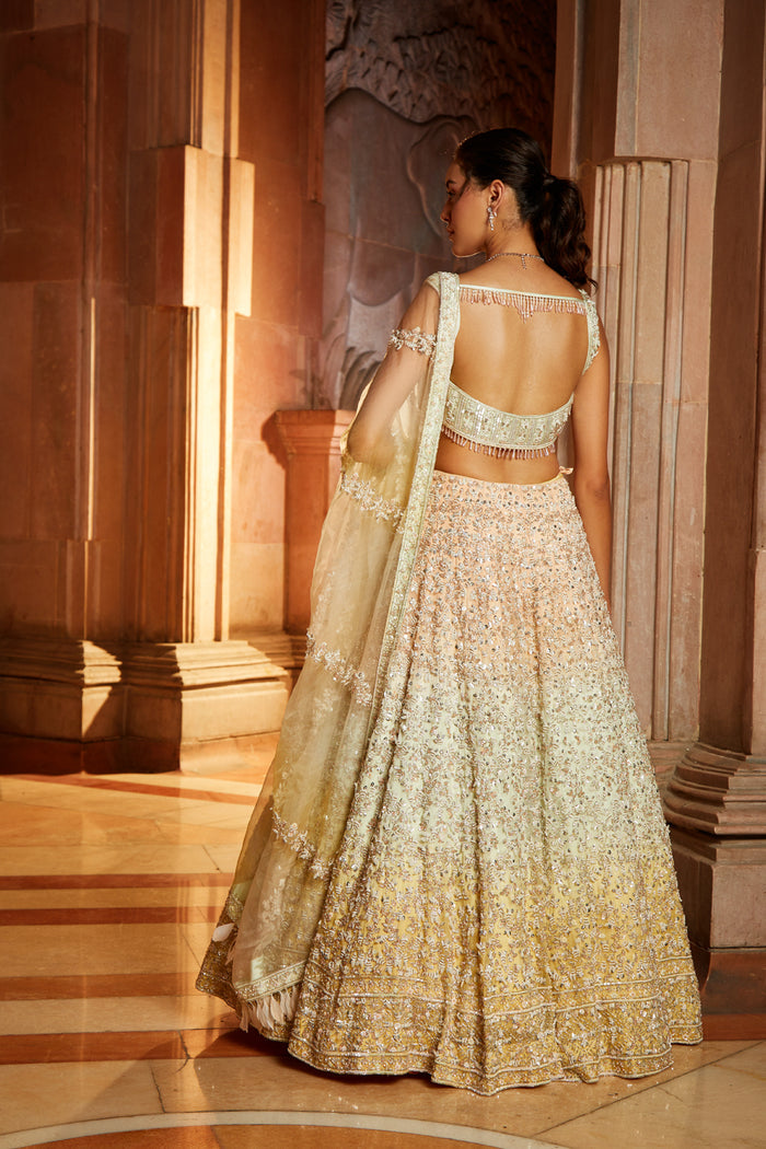 Tripple Colour Shaded Organza Lehenga Choli Dupatta Set with Optional Veil