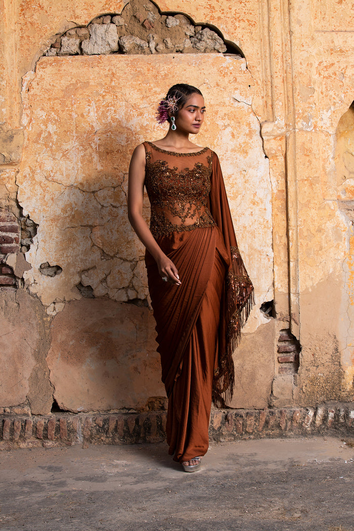 Dark Copper Drape Saree