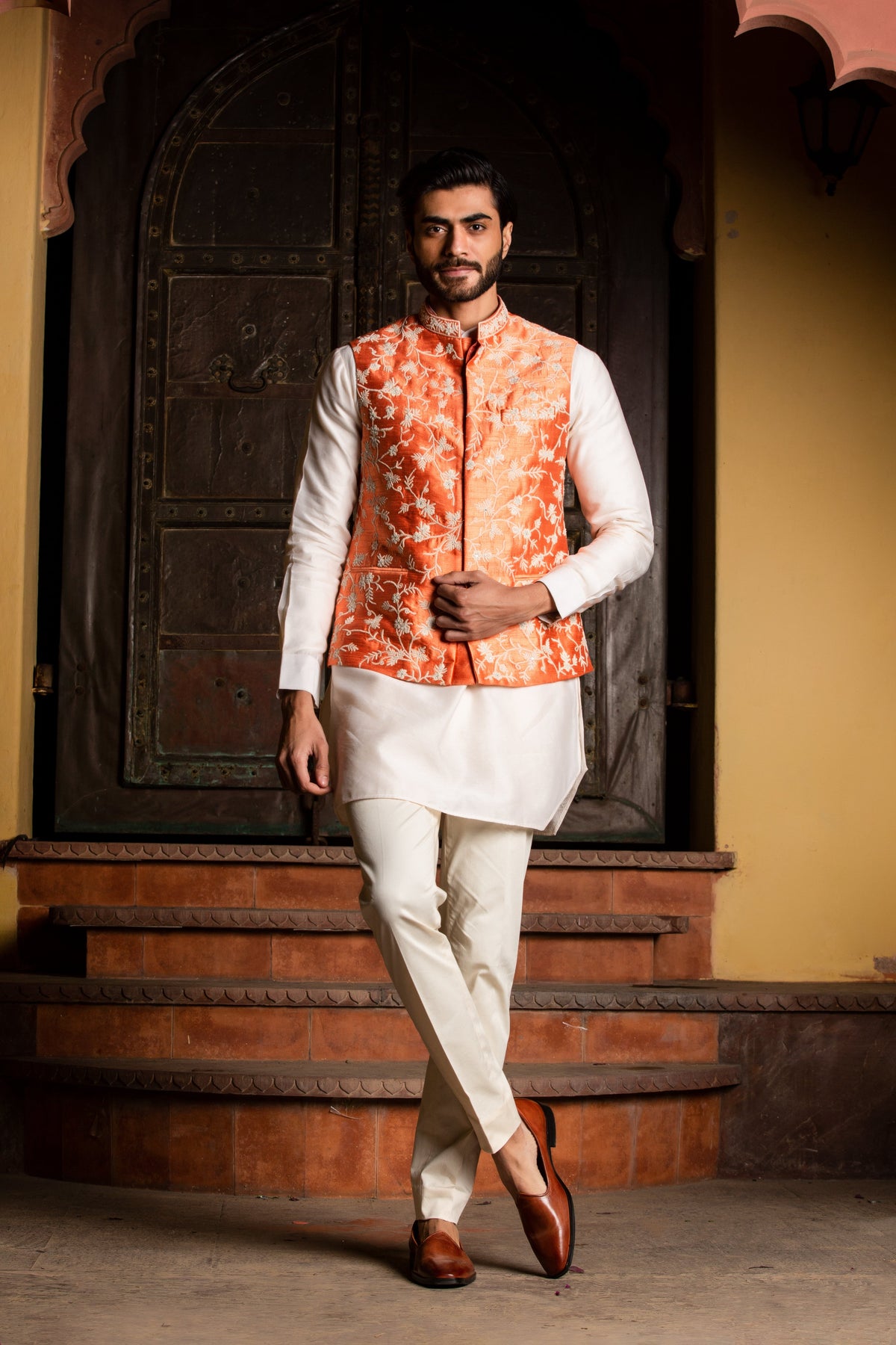 Orange Raw Silk Embroidered &nbsp;Nehru Jacket with Kurta &amp; Pant