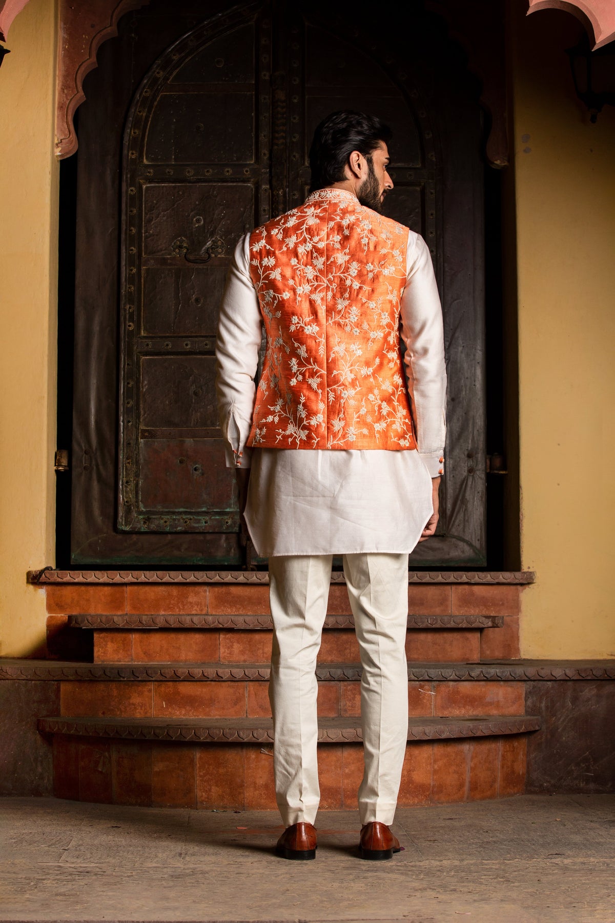Orange Raw Silk Embroidered &nbsp;Nehru Jacket with Kurta &amp; Pant