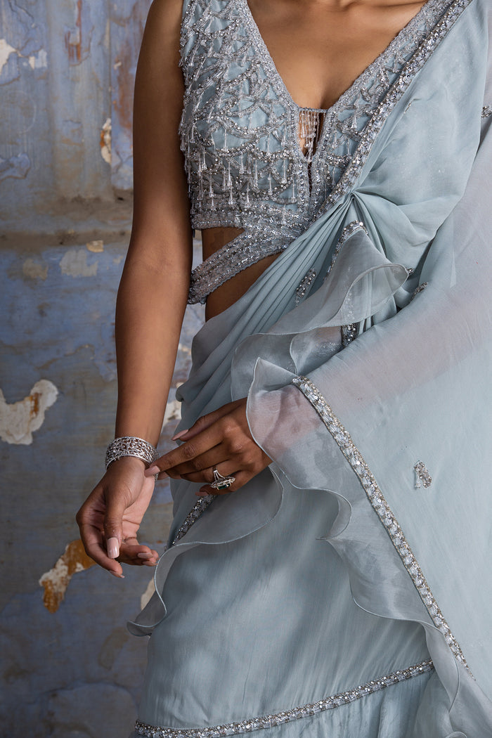 Powder Blue Organza Drape Saree