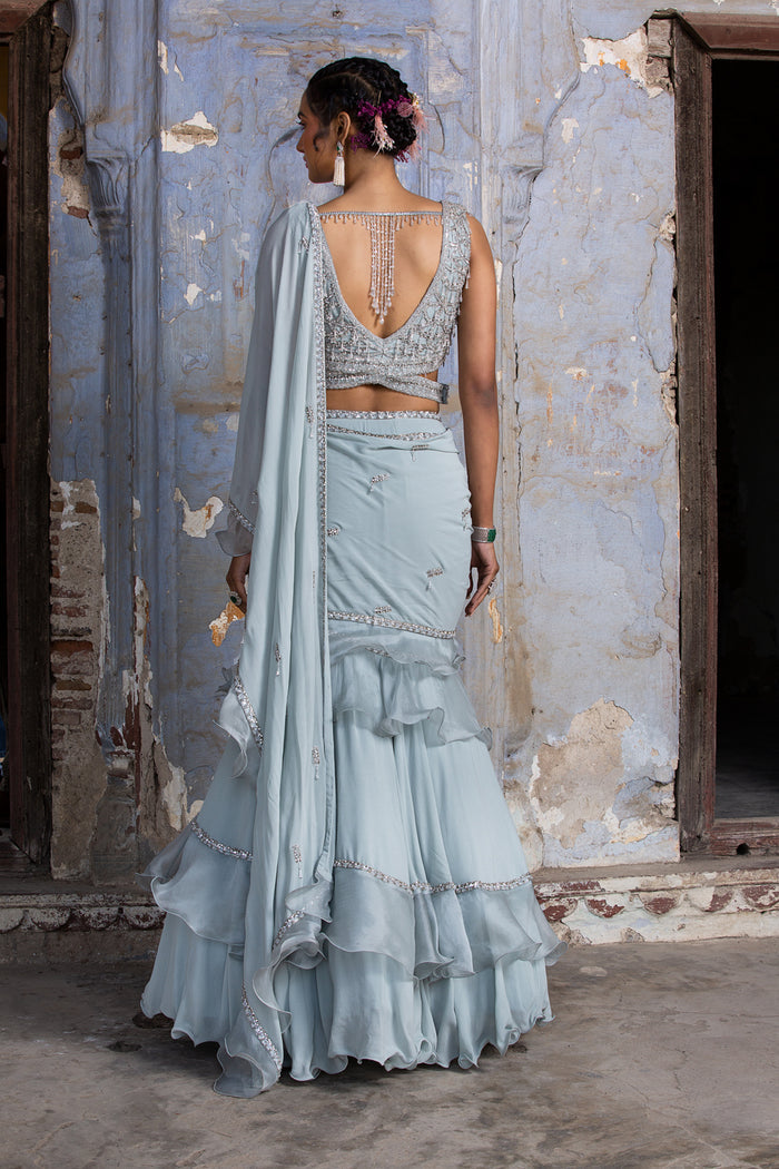 Powder Blue Organza Drape Saree