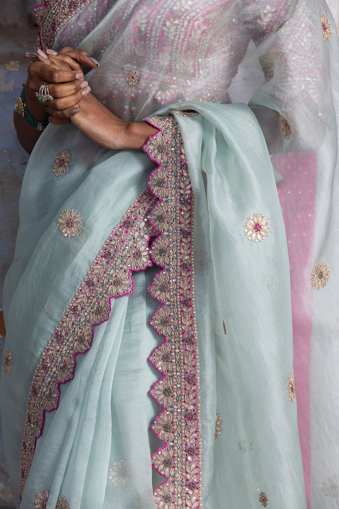 Fuchsia Sea Green Organza Saree