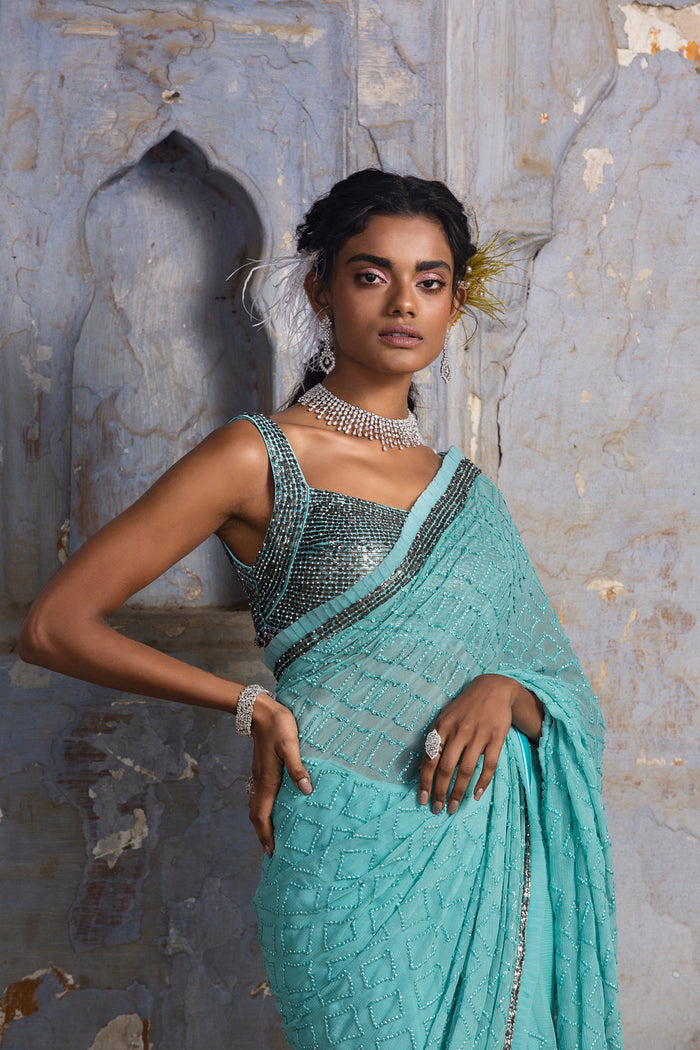 Aqua Blue Chiffon Saree