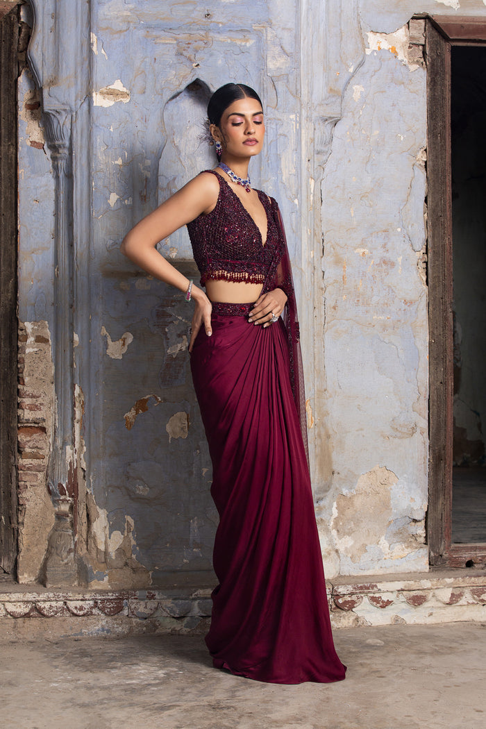 Burgundy Satin Drape Saree