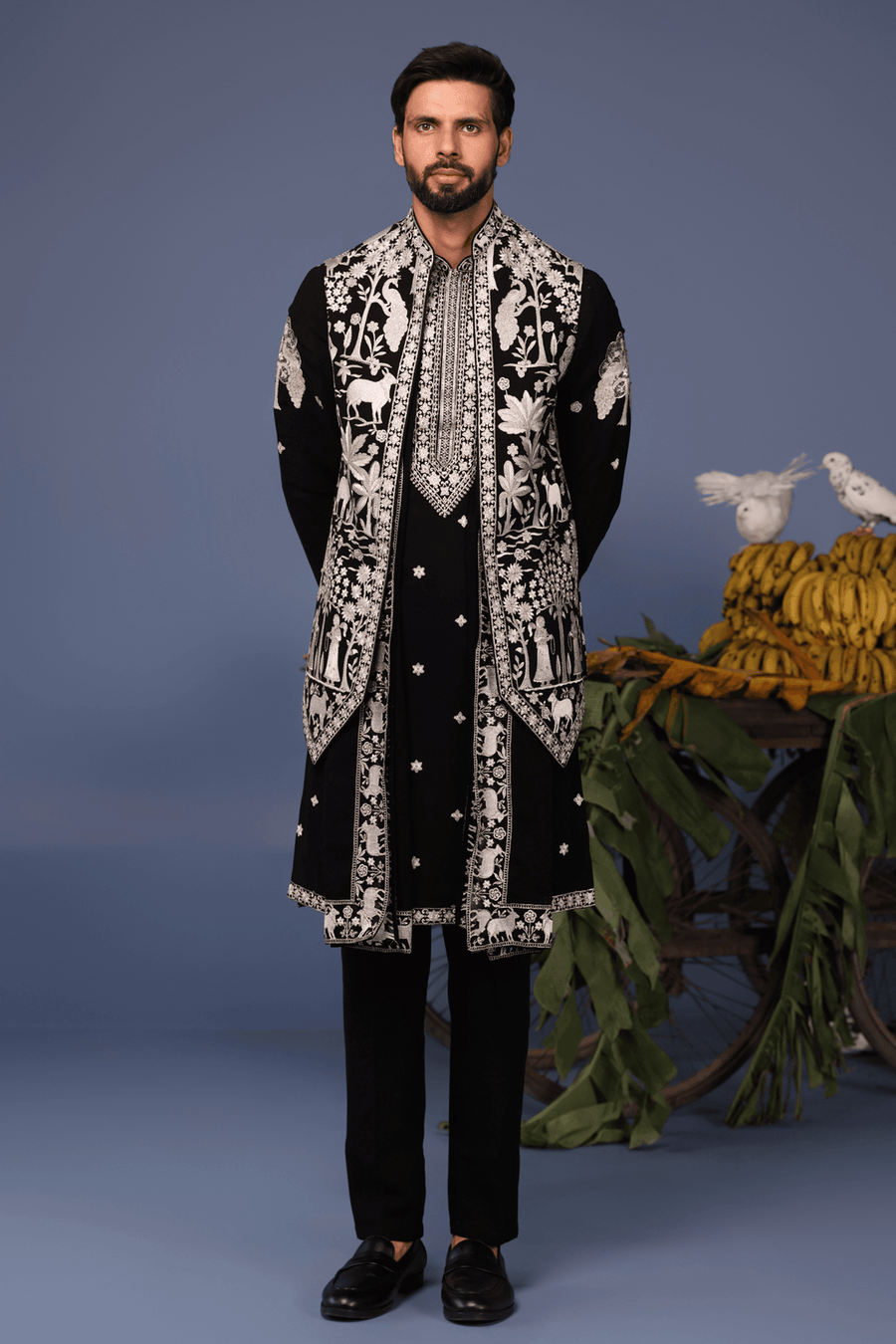 Talha Pichwai Resham Black Kurta Jacket Set