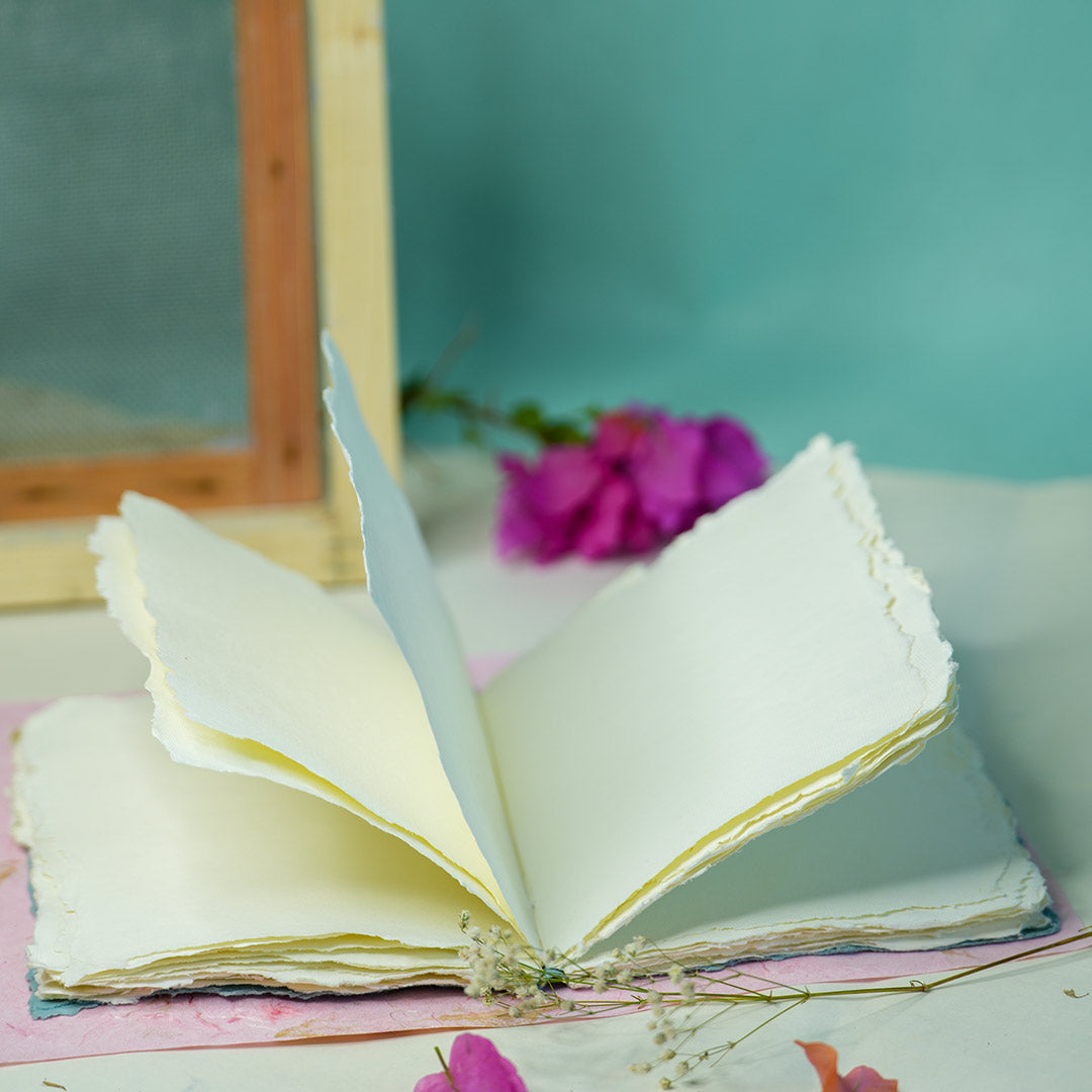 Handmade Tropical flower Deckle Edge Paper Notebook ( Aqua )