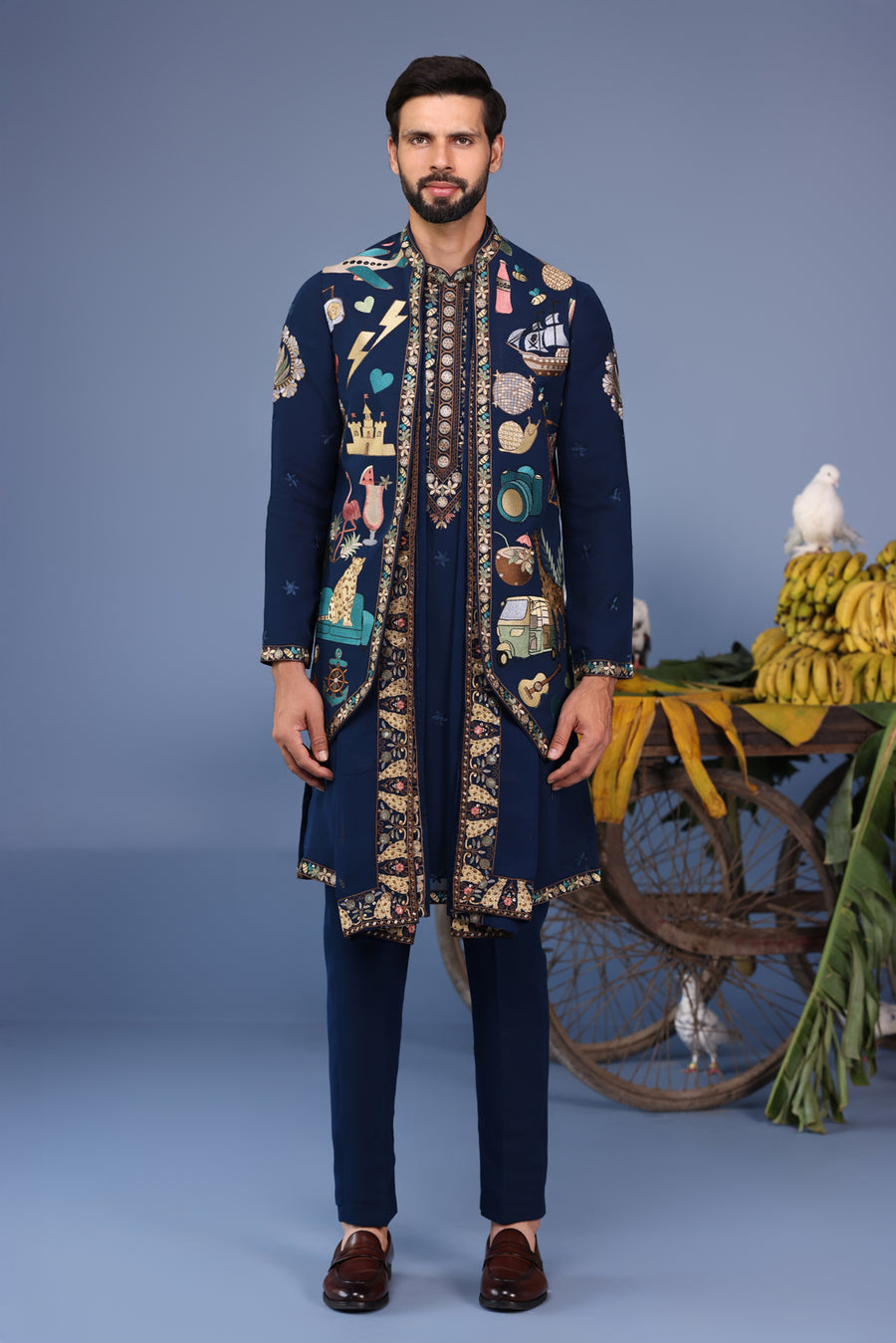 Maahir Cocktail Navy Blue Kurta Jacket Set
