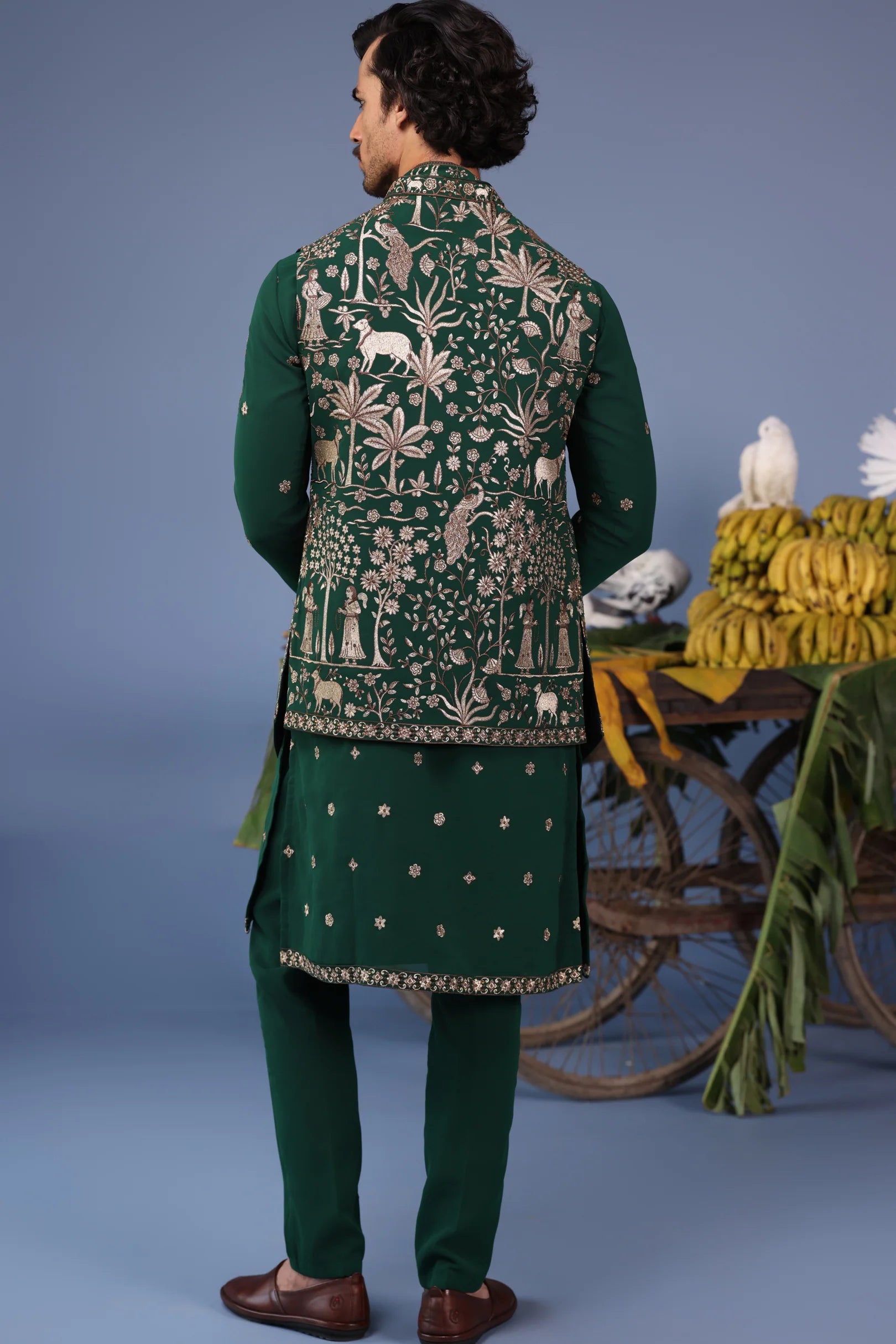 Azan Pichwai Zari Bottle Green Kurta Set