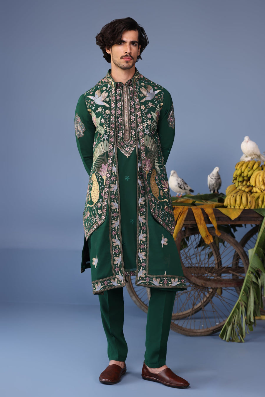 Azlaan Wild Grace Bottle Green Kurta Jacket Set