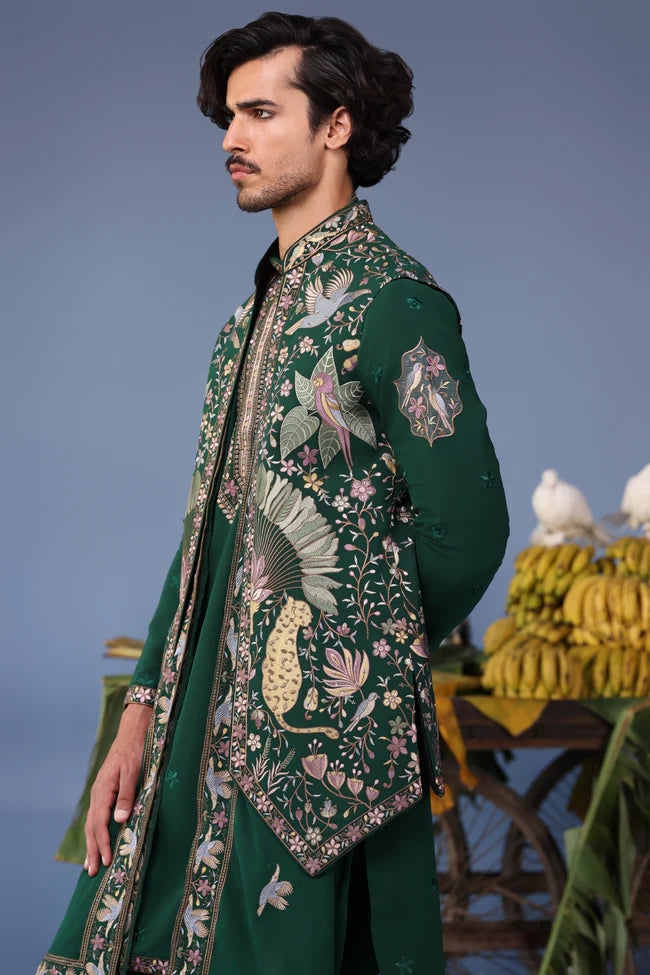Azlaan Wild Grace Bottle Green Kurta Jacket Set